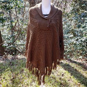 VERTIGO Fringed Knit Poncho in Golden Gecko Brown Size S/M Brand New NWT